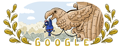 Ein skurriles Google Doodle zeigt die Illustration eines kleinen blauen Vogels, der an einem Seil zieht, das mit dem Schnabel einer großen, majestätischen Steinadlerstatue verbunden ist, im Hintergrund sind Gebäude zu sehen. Dekorative goldene Blätter rahmen die Seiten ein und unten ist „Google“ geschrieben. - Hotel